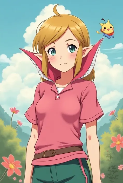 Anime, Pokemon Trainer Princess Zelda wearing a Pink Polo with a Massive Popped Collar thats taller than her head