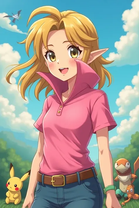 Anime, Pokemon Trainer Princess Zelda wearing a Pink Polo with a Massive Popped Collar thats taller than her head