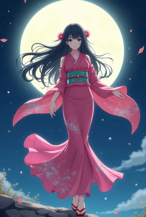 Best Quality,8k,Masterpiece:1.3, Japanese anime style,people々girl,1 person,1 personで,Petite,Glamorous Body,curve,cute,Grin,Beautiful long black hair, beautiful emerald green eyes , wear a kimono made of pink fabric,Dancing in the moonlight ,The background ...