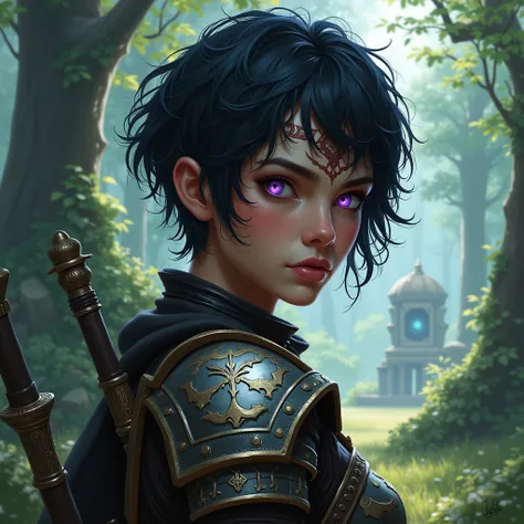 "A realistic depiction of a female warrior with short, tousled black hair and glowing purple eyes. She has a strong, determined expression, and her face is marked by intricate, mystical tattoos across her forehead. She is wearing detailed, ancient armor wi...