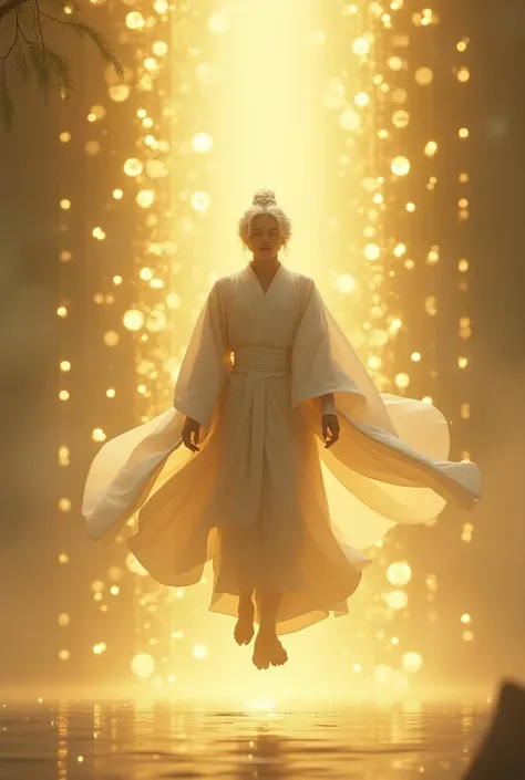 A man standing in the air, and wearing traditional Japanese clothing, his hair is white and shoulder-length, and golden rays spread out behind him.