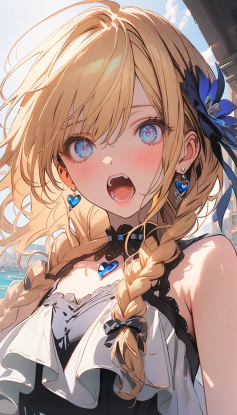 1 Female(The Princes,cute,Cute,20 years old, long braided hair ,blonde, eye color is ocean blue ,Big Eyes, Dynamic Pose , Open His Mouth Wide ,I lost my voice, is wearing a beautiful heart neck dress,suffer,[Frightened,Confused,( holding her throat ),Look ...