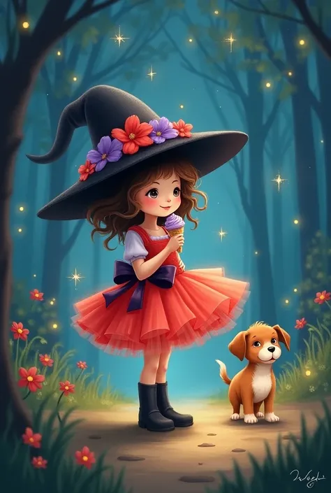 Whimsical illustration of a cute  in a red tutu dress and black boots. Oversized black hat decorated with purple flowers and a large bow. she is walking with her puppy and eating icecream. Soft pastel color palette. Dreamy nighttime forest background with ...