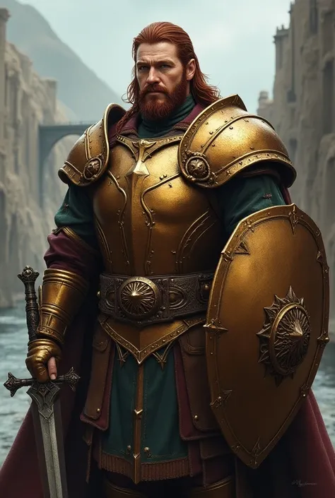 Create a portrait of Sir Hader Firth, a tall and muscular warrior with deep blue eyes and copper-toned skin. He has long, dark red hair slicked back. He is clean shaven with a chiseled jawline. He wears heavy bronze armor that shines in the light and carri...