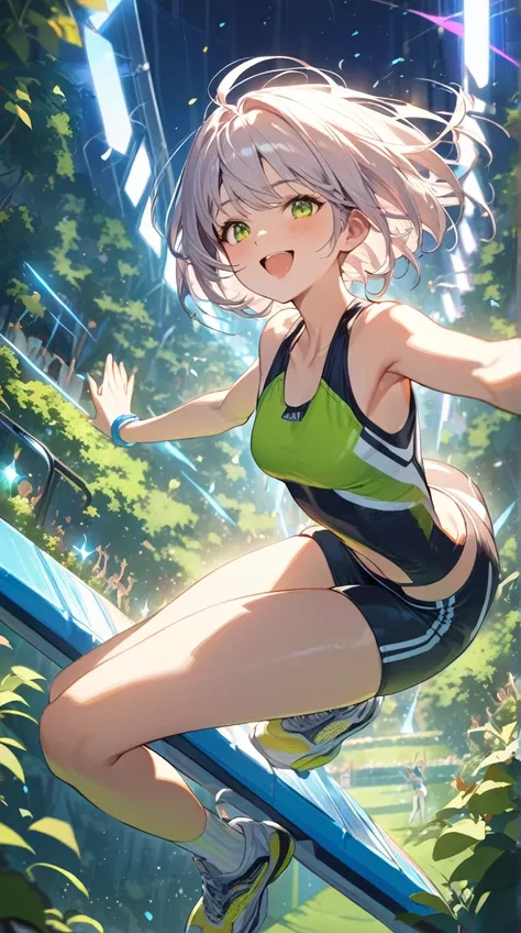 One Girl、A happy smile、Shining Eyes、Short Hair、 Colourful Workout Clothes 、The moment to jump、Aerial Posture 、Small breasts、  
   break、  
   Shining Light、(Dynamic Light:1.3)、 Vivid Hues 、 Strong Contrast 、 Speedy Atmosphere、  
   break、  
   Jump ramp、Ch...