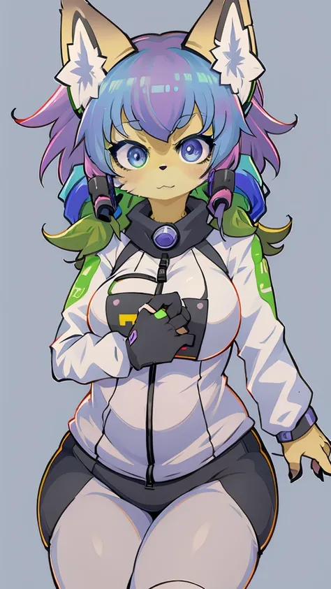 Kawaii, cute fox, (cyberpunk) | Purple hair and green highlights | blue eyes,  heterochromia | With a fluffy syrup  | (((white background))) | Gym suit   |  Funny and embarrassed personality 