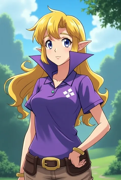 Anime Pokemon Trainer Princess Zelda wearing a Purple Polo with a Massive Popped Collar thats taller than her head