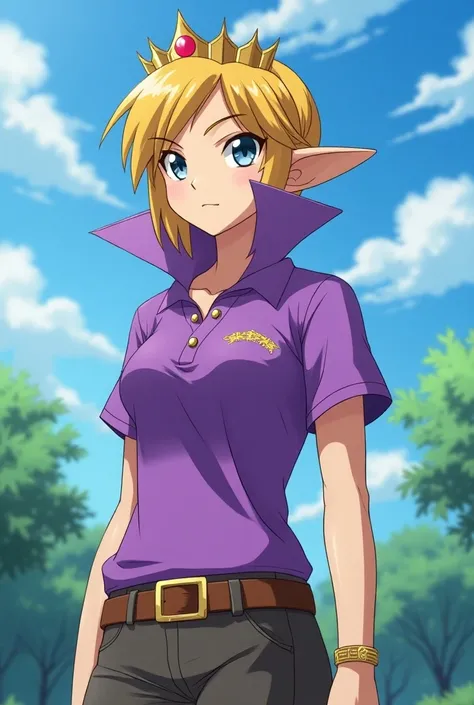 Anime Pokemon Trainer Princess Zelda wearing a Purple Polo with a Massive Popped Collar thats taller than her head