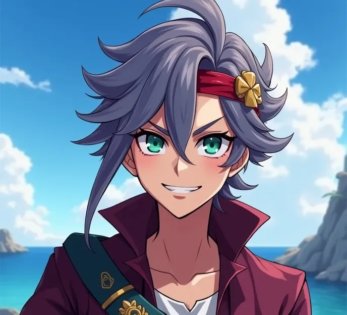 Young pirate man. White hair and light green eyes. confident smile. anime version 