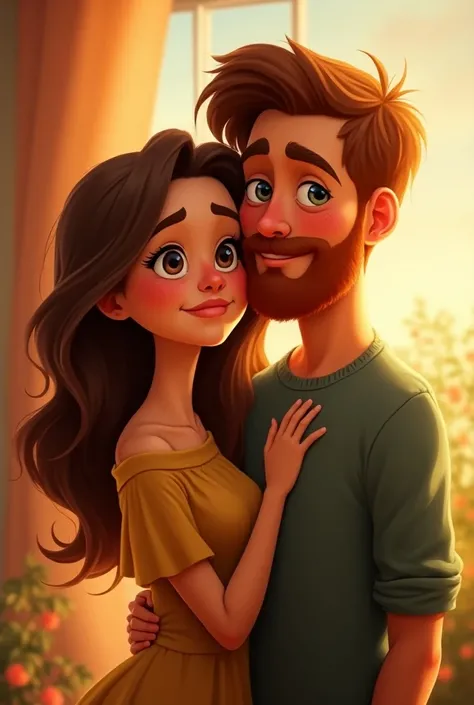 Wife with long brown hair and curtain bangs with brown eyes and husband with light brown hair and orange beard with blue eyes, Pixar style