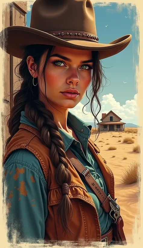 Masterpiece. Color sketch for printing. Vignette. 16K. UHD. High quality, photorealism. Thematic plot. No background. Vector graphics. Sticker. Cowboy Ladys face. Revolver. Lasso. Sand. Prairies. Abandoned Tavern.. Stunning full color design, intricate det...