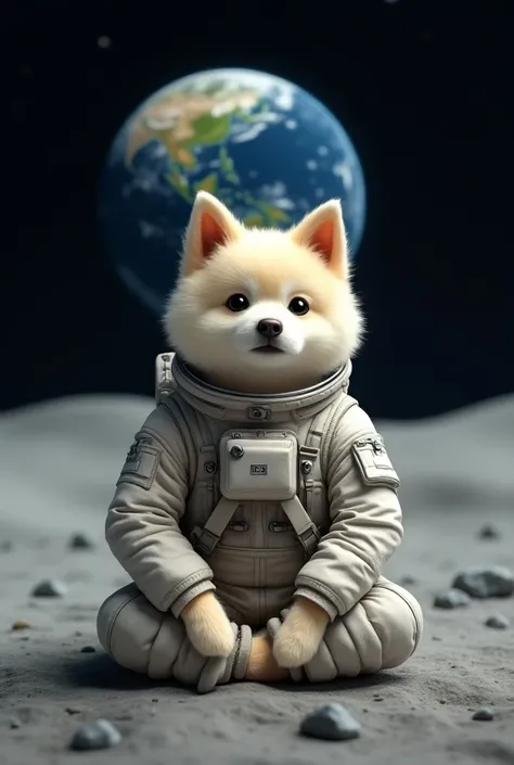 Shiatsu dog sitting on the moon in astronaut jumpsuit 