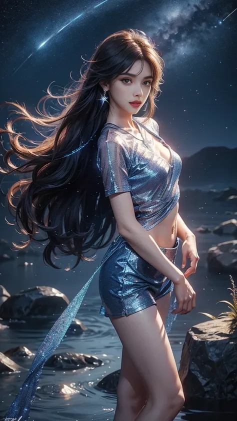 8K, UHD, MAsterpiece, 1 girl, good face, detailed eyes, detailed lips, ((very long hair)), small breasts, ((criss-cross strip t-shirt)), ((blue strip t-shirt)), (((sparkle clothing))), ((mesh sparkle clothing)), ((strip clothing)), ((sparkle bare side hip ...