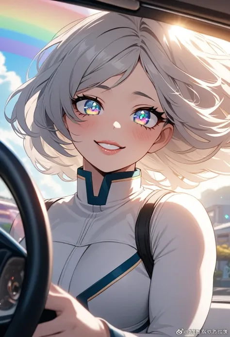  beautifully detailed eyes kept in the car  , Beautifully detailed lips,   Detailed eyes and face, Long eyelashes, 1 girl,   cute teenager with straight gray hair   , Rainbow Eyes, sun, Muscular,    Laugh a little   , , goddess,    My Hero Academia ,  Whit...