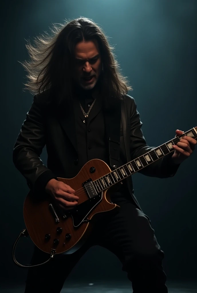 A man with long hair in black hair plays a manic electric guitar.