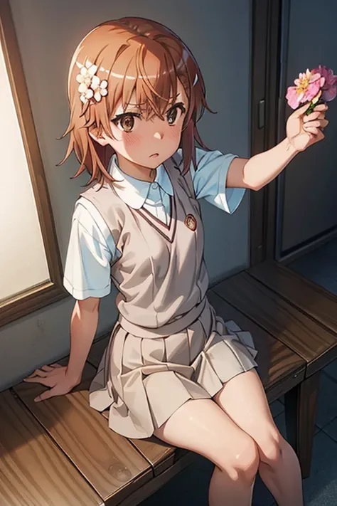 Mikoto misaka.、A Certain Scientific Railgun、girl、Small breasts、whole body,hairclip flower,blush,Short sleeve blouse、Beige knit vest、Dark  plain pleated skirt、best quality,