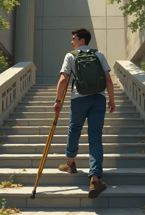 The image shows  struggle faced by students with mobility limitations. The student, using a crutch to ascend the Law buildings stairs, Sweat beads on his face, highlighting the physical effort required to reach the fourth floor. 