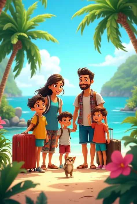 Animated image of a family of two adults mom and dad and 3 ren Samuel Rebeca and Osvaldo and with a kitten traveling to Hawaii 