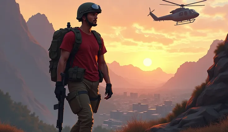 The image is a digital illustration of a soldier in a mountainous landscape. The soldier is wearing a red t-shirt, khaki pants, and a helmet with a visor. He is carrying a large backpack and holding a rifle in his right hand. He appears to be in the middle...