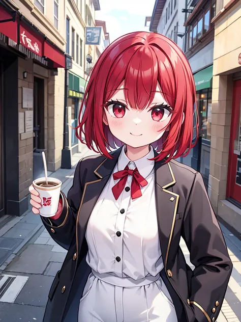 Red hair medium bob, smile、Small breasts、 black jacket 、White Shirt、Black trousers、 1 girl, Around town、Have a coffee