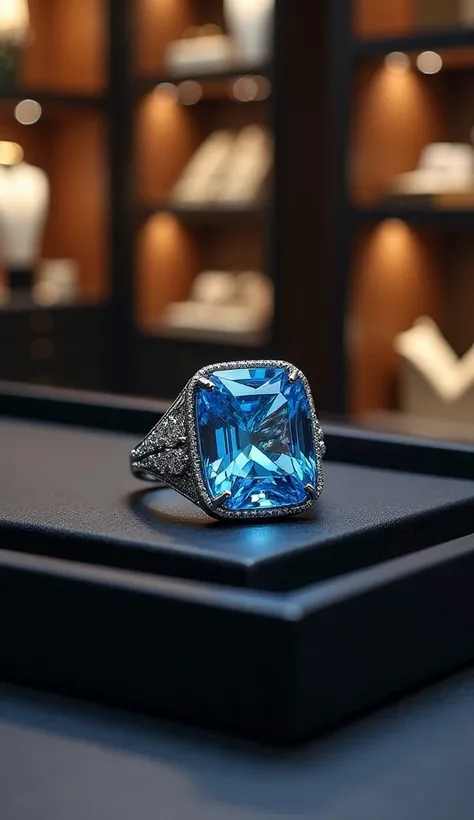 1 blue gemstone ring with sparkles placed in a luxurious black tray in the shop with a light