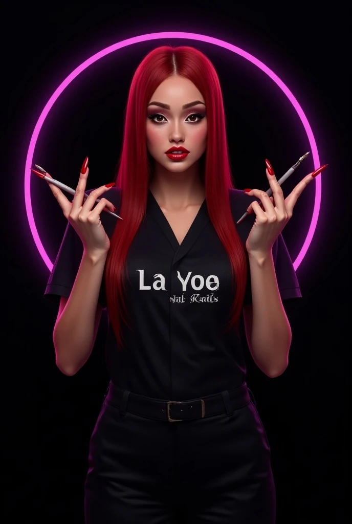 That the girl with long straight red hair  , With her pointed red nails she has a provocative look with nail files in her hand and brushes and that under the girl she says La Yoe Nails Center that around the girl there is a circle with a purple line that s...