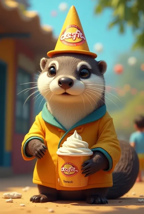 Otter in ice cream maker uniform and ice cream hat with an ice cream in her hands that and that the packaging says icefit,  with the ice cream hat BUT THAT SAYS ICEFIT!!! With the Colombian flag the uniform DO NOT FORGET THAT IT SAYS ICE FIT AND THAT IT IS...