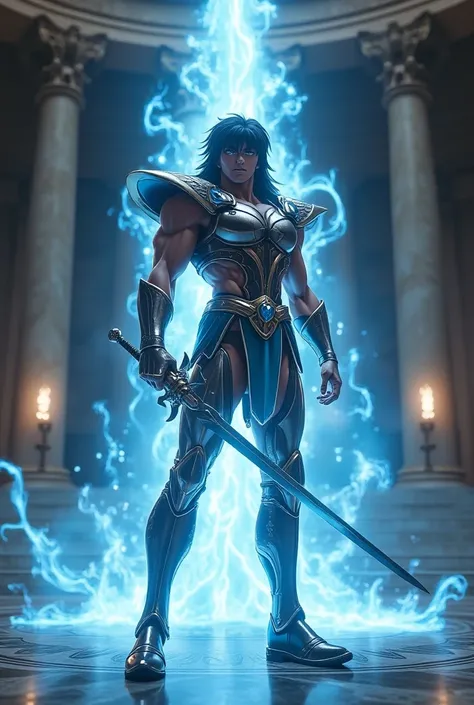 Saint seiya of phinix ikki realistic, live action , 8k , UHD , saint seiya sedang memegang pedang di altar istana athena yunani , masterpiece , blue power 