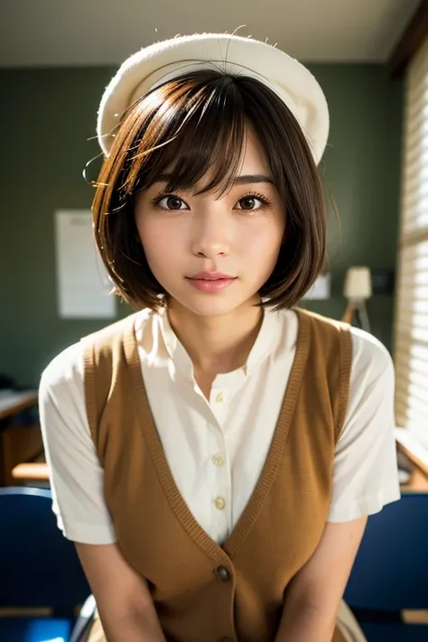  are of the best quality, Face Focus, Soft lighting, ultra high res, (Realism:1.4), RAW photo, 1 Japanese girl,  alone, Lovely, (Shy smile:0.5), (Brown eyes, The light in the eyes), Detailed beautiful face, ([Small chest),(  human skin texture in the opera...