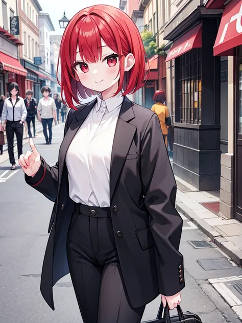 Red hair medium bob, smile、Small breasts、 black jacket 、White Shirt、Black trousers、 1 girl, Around town