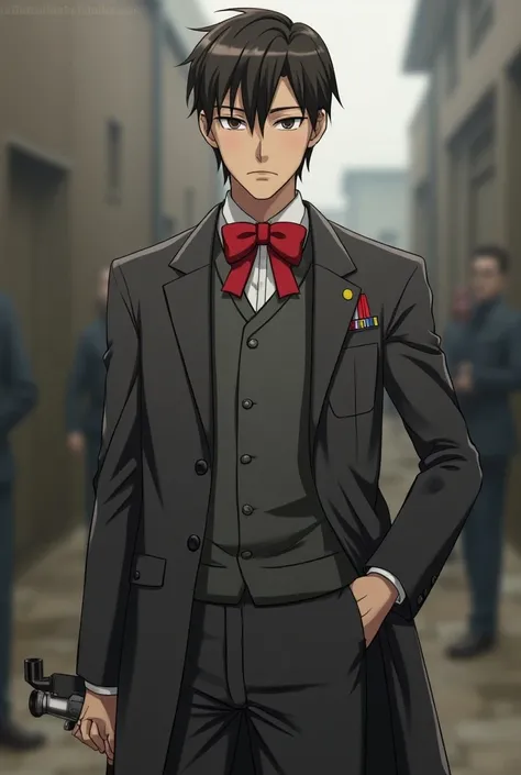 Romania Hetalia modeled after Brigadier Lethbridge Stewart with a revolver handgun woth grey suit grey sweater and red bowtie august 23rd 1944 WW2  