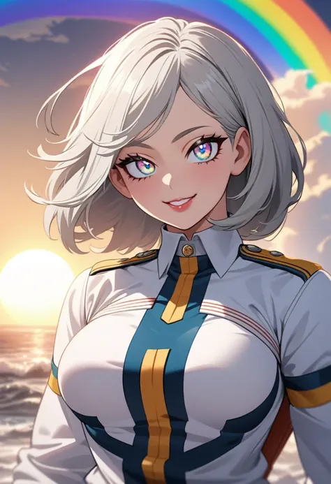  beautiful eyes with great attention to detail , Beautifully detailed lips,   extremely detailed eyes and  , Long eyelashes, 1 girl, cute teenager with straight gray hair , Rainbow Eyes, sun, Muscular,  Smile a little  ,goddess,  My Hero Academia , uniform...