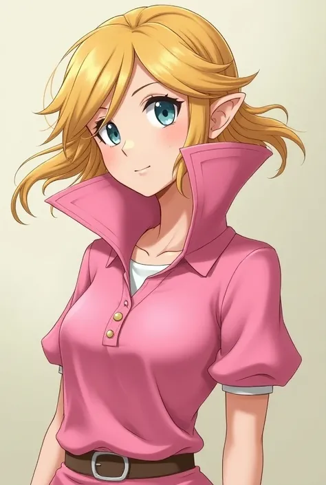 Anime Hyrule Warriors Princess Zelda wearing a Pink Polo with a Massive Popped Collar thats taller than her head