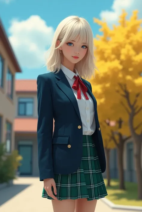 masterpiece、Best Quality、8ｋ、Super detailed、sexy、Looking at the camera、from the front、 standing、 platinum blonde medium hair 、Blue symmetrical eyes、Bangs to eyebrows 、Thin、(Big Breasts:1.4)、 wearing a navy blue blazer 、 white button shirt details 、 wearing ...