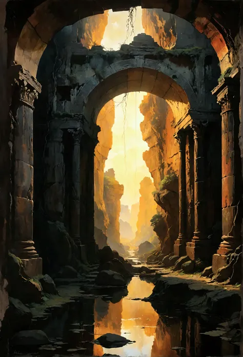 Picture the ancient ruins of a once-great civilization hidden beneath the earths surface, now dormant and shrouded in mystery. The grand stone structures are interwoven with the natural elements of the cave, with roots and vines claiming back the space onc...