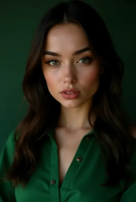  23-year-old brunette with straight hair , Upper body close up, with facial features,  reminiscent of Charlotte Gainsbourg . She is wearing a stylish  green shirt  that contrasts beautifully with her light complexion. Her  iconic smile ,  subtly mysterious...