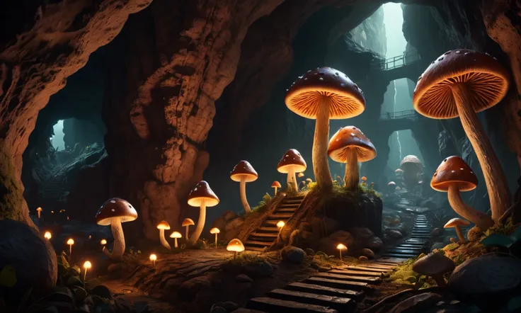 a cavernous underground world, a city of glowing mushrooms, mole men wearing miners helmets, highly detailed, cinematic, professional lighting, 8k, hyperrealistic, intricate details, dramatic shadows, warm color palette, natural textures, moody atmosphere,...