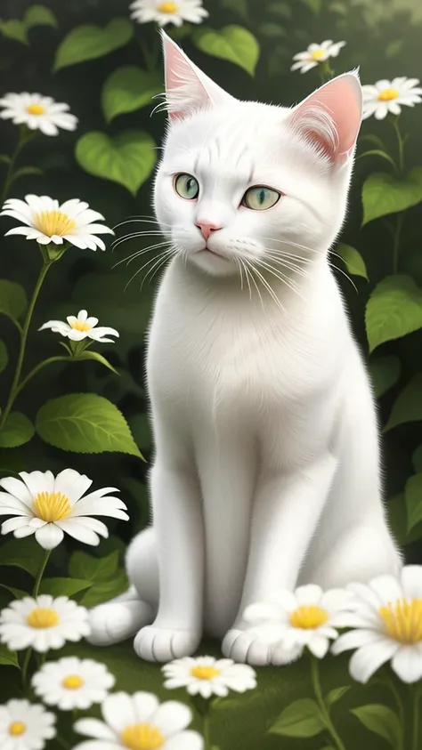 White cat sitting looking at a butterfly on a flower