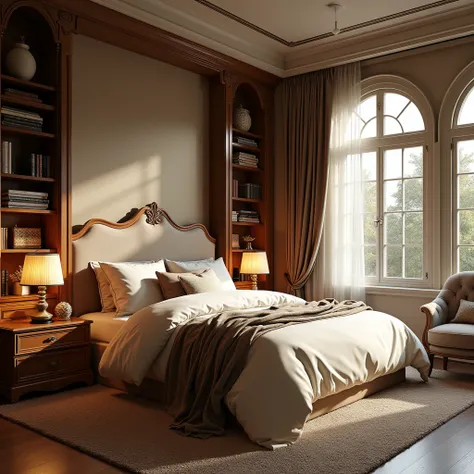 A spacious bedroom with a king-size bed draped in soft linens, plush pillows, oakwood furniture, warm-toned lamps, large windows, velvet curtains, and a cozy armchair by a bookshelf.