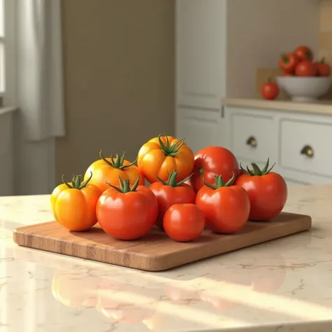 Tomatoes on cutting board placed on cream marble table, kitchen background blurry 