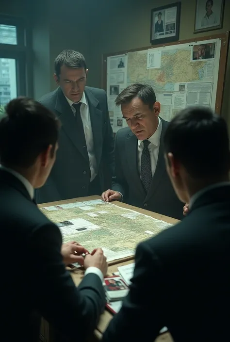 (photorealism:1.2), Image of confused detectives at a map or caseboard, showing conflicting information.
