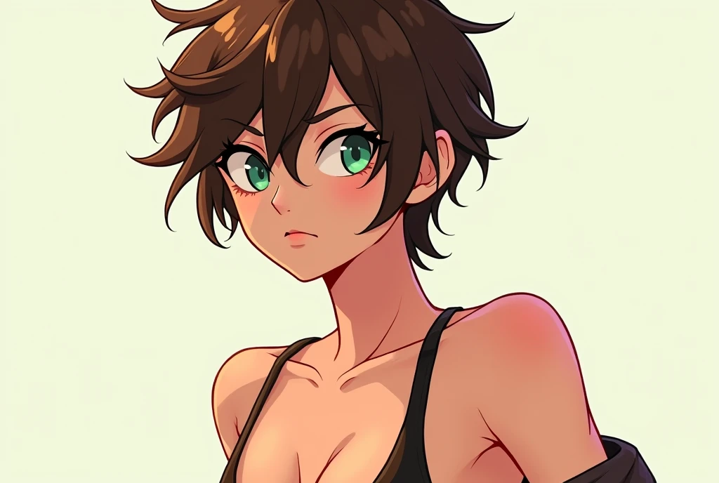 Chico))), femboy, Brown hair, green eyes, Short shorts, and short shirt