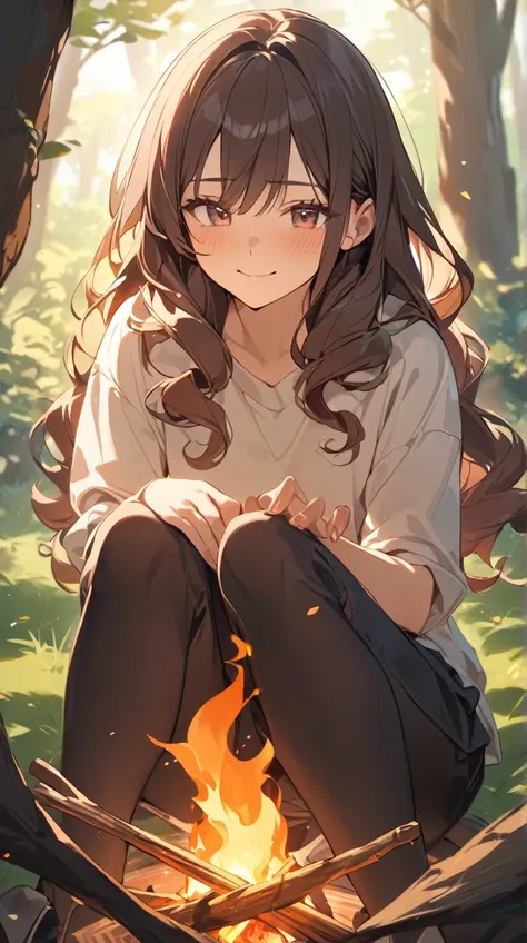 One Girl、 relaxed expression 、Soft Eyes、 long curly hair 、 casual attire、 camping with friends、Small breasts、 surrounding a bonfire 、  
   break、  
   Bright Afternoon、(Warm Light:1.2)、 warm colors 、Gentle Shadows、A fun atmosphere、  
   break、  
   In natu...