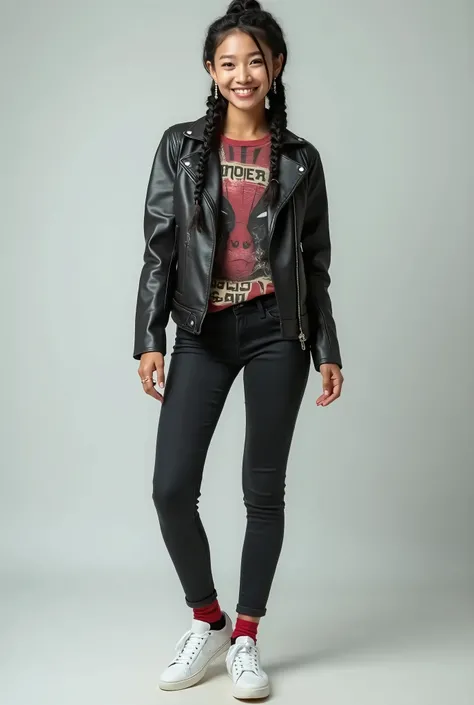 Neat Southeast Asians、Hairstyle braids、Ear piercing、Leather jacket、smile、 starwars shirt,, likes Star Wars, marvel and skateboarding, all interests should be inclouded, she should wear something deadpool or Spider-Man themed, a whole body shot with a neutr...