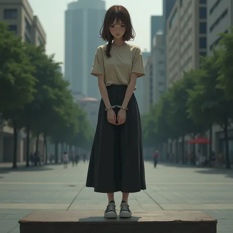 Skinny girl。Handcuffed、Standing on a stage in an outdoor plaza。 is looking down with a sad dark face。beige blouse and black long skirt。Brown short hair。Outward curled hairstyle。sneakers