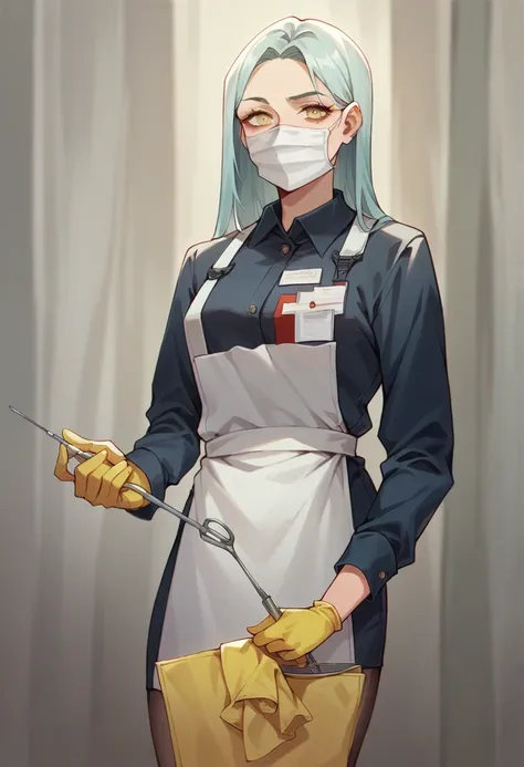 Darling in Franks Anime , Zero two  (( yellow long medical gloves)), (paramedic uniform), ((long sleeves)),   look at the viewer , standing, One, black medical mask, rubber medical apron