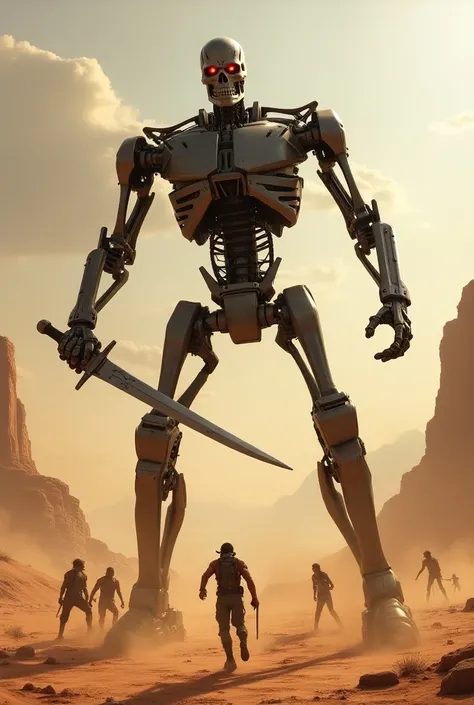 Terminator killing humans with a sword in a desert 