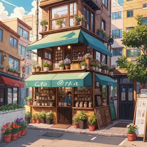 hand drawn flat vector illustration of a a mobile coffee shop with an espresso machine inside, surrounded by potted plants and flowers. The exterior is decorated in an anime style, featuring city streets in the background. This scene captures urban life du...