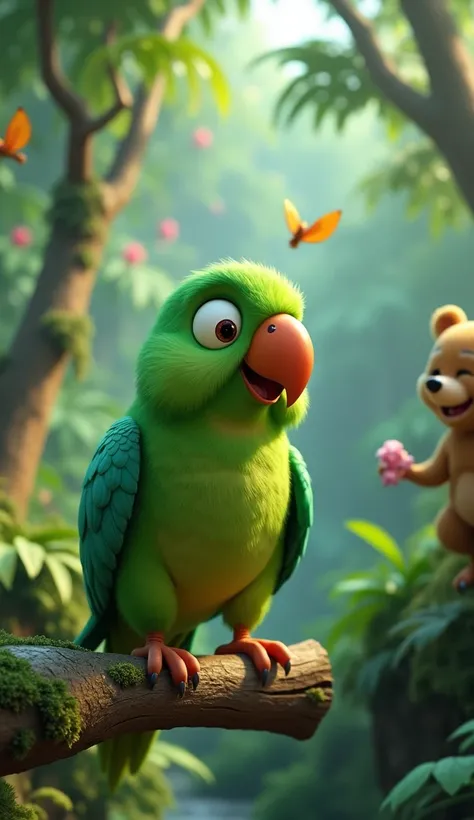 A green funny parrot on a tree and a bear walking on land in jungle 3d animated