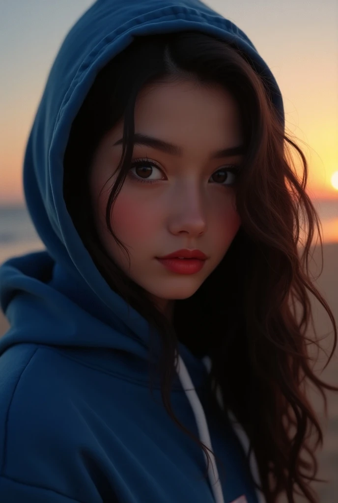 Best Quality, hyper realistic,Masterpiece, Ultra High Resolution, (Realism: 1.4), Original Photo close up, 1Girl,brown Eyes,red lip,wearing blue hoodie, Cinematic Lighting, black longwavy Hair, At Sunset on the beach